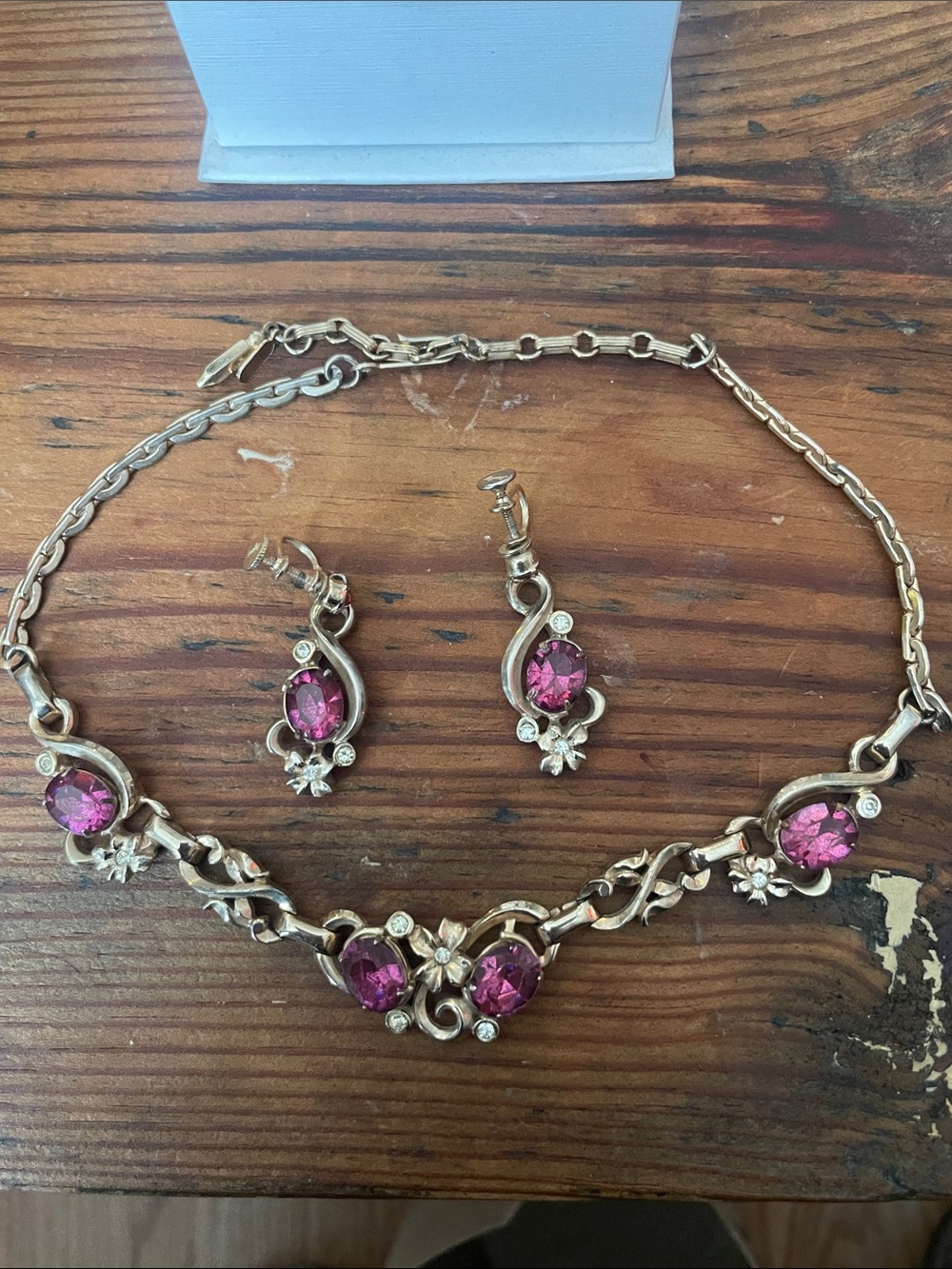 Gold-Tone Necklace and Clip-On Earrings with Pink Gemstones